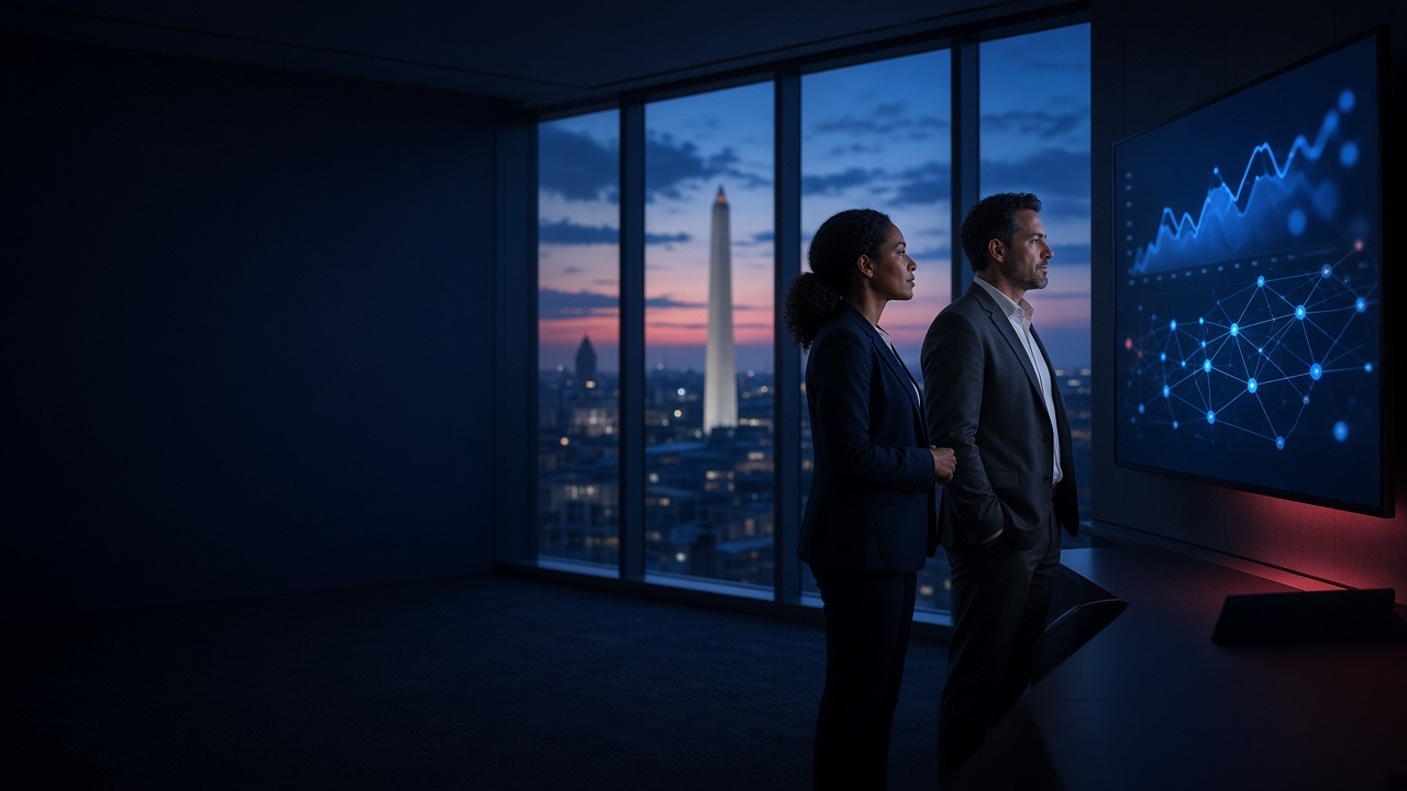 Executives reviewing an AI data dashboard overlooking the Washington, D.C. skyline