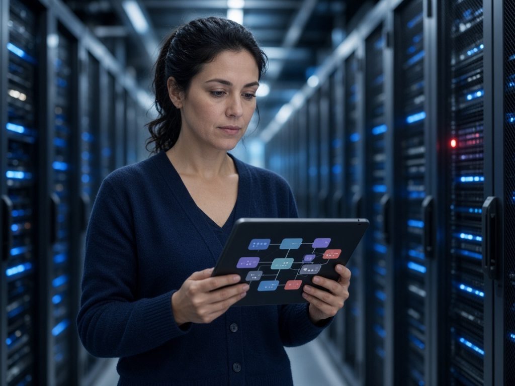 Data analyst reviewing a data catalog on a tablet in a data center