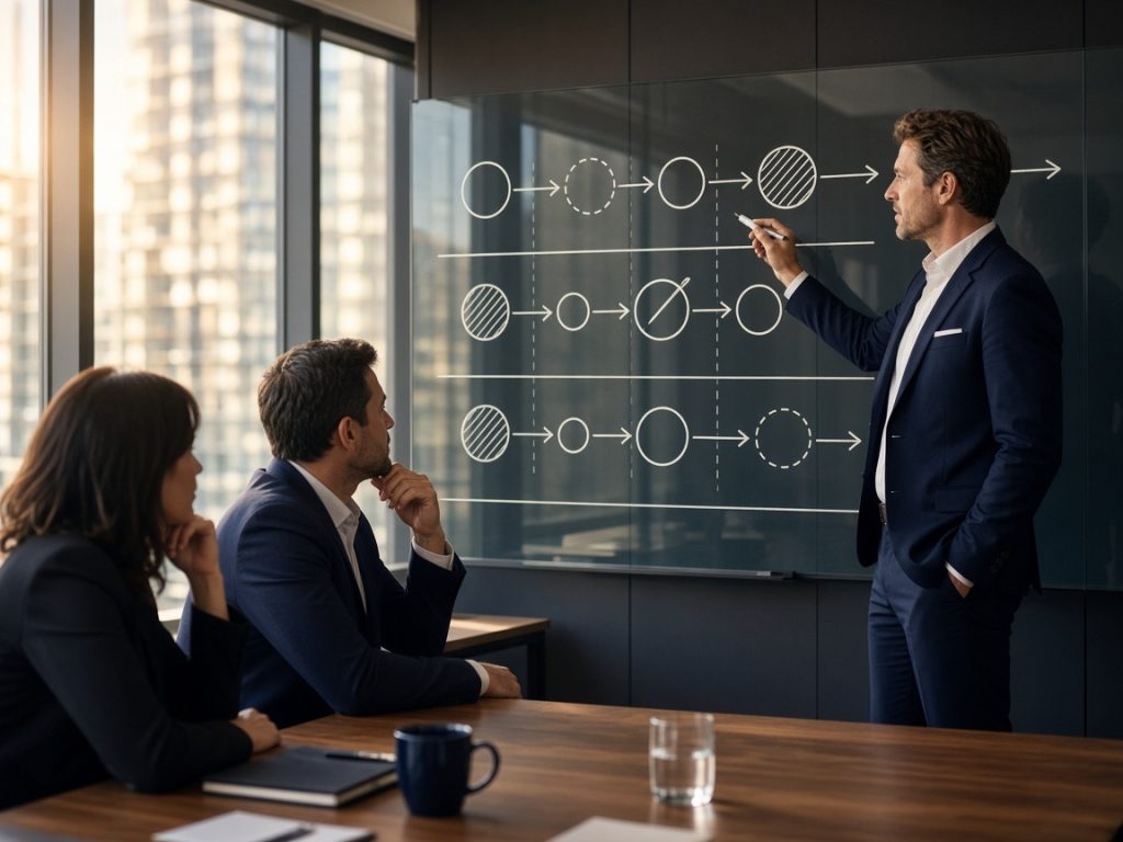Consultant sketching an AI roadmap on a glass wall for executives
